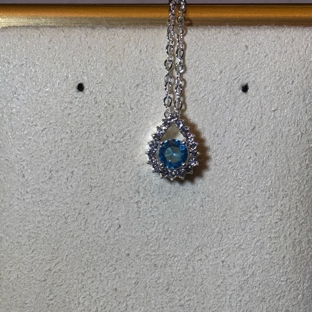 Blue Round Crystal within Teardrop Halo Pendant Made with Swarovski Crystals